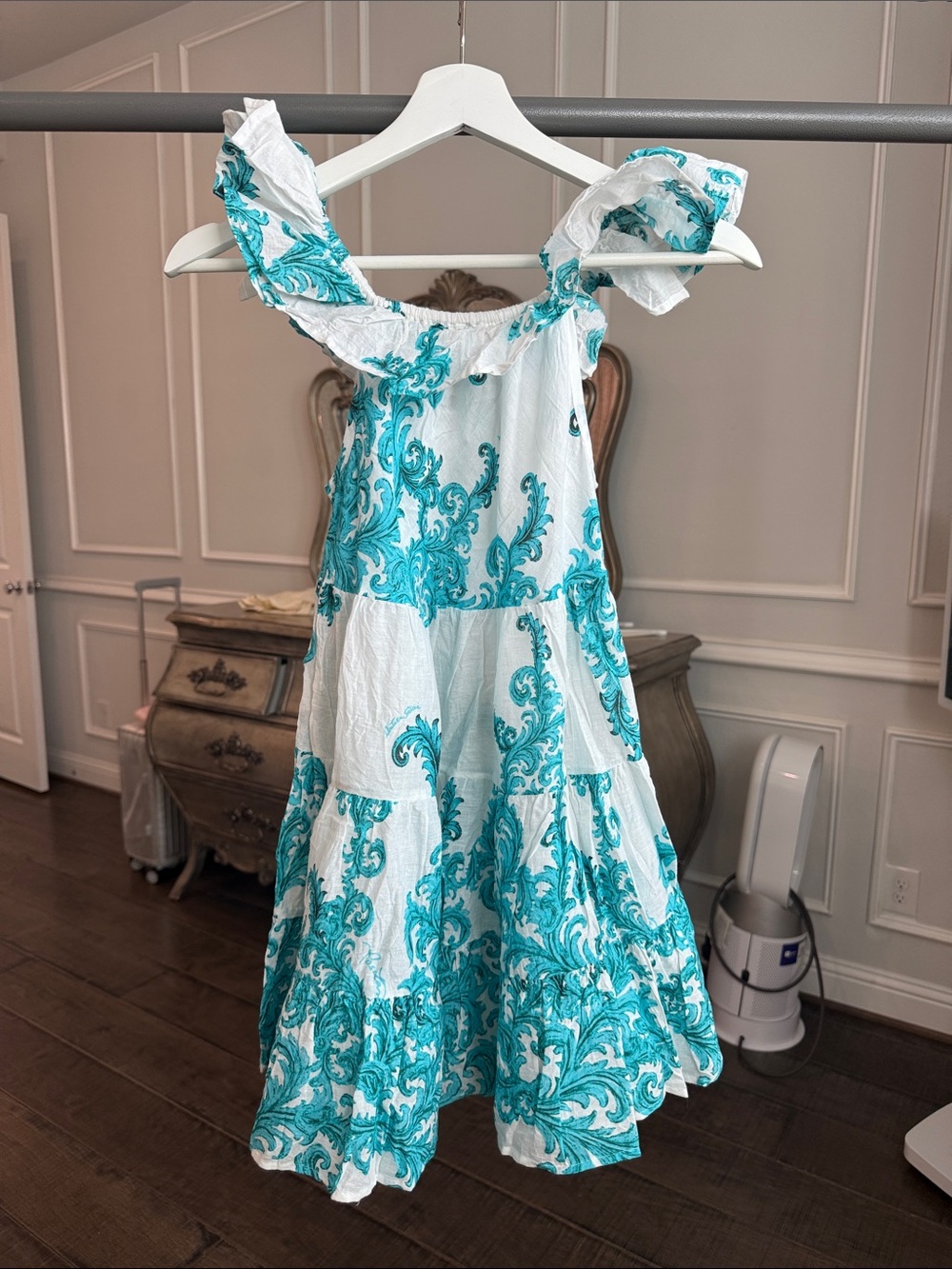 Girls Antica sartorial White and Teal Ruffle Strap Tiered Girls' Dress size L/xl